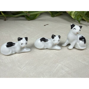 Vintage Mini Porcelain Cat Figurines Black & White Lot of 3 Tiny Kitten Japan